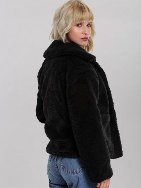 black fluffy jacket with hood