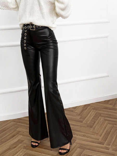 NAFSIKA LEATHERETTE BLACK BELL PANTS