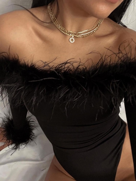 SABRINA BLACK FEATHER BODYSUIT