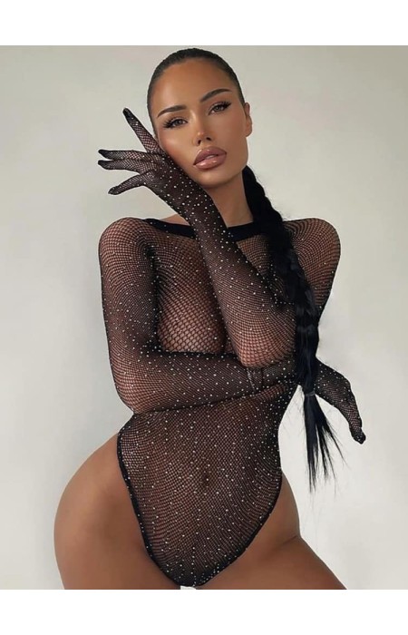 BODYSUIT WITH STRASS AND GLOVES - ARGYRO