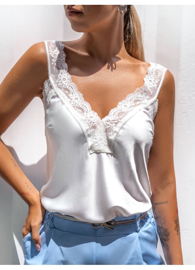 WHITE SATIN TOP WITH LACE -...