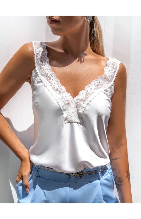 WHITE SATIN TOP WITH LACE - SILKY