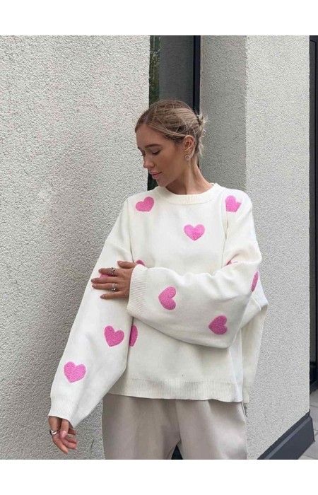 WHITE KNITTED WITH PINK HEARTS - CUTENESS