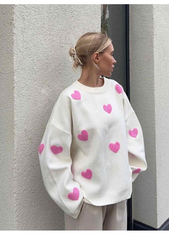 WHITE KNITTED WITH PINK HEARTS - CUTENESS