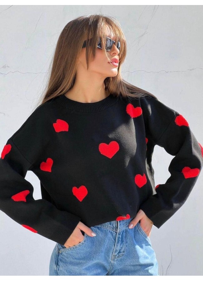 BLACK KNITTED WITH RED HEARTS - CUTENESS