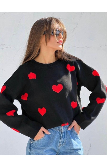 BLACK KNITTED WITH RED HEARTS - CUTENESS