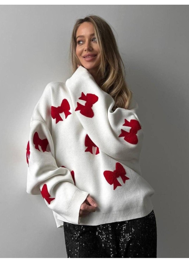 WHITE KNITTED WITH RED BOW - BOWLOVE