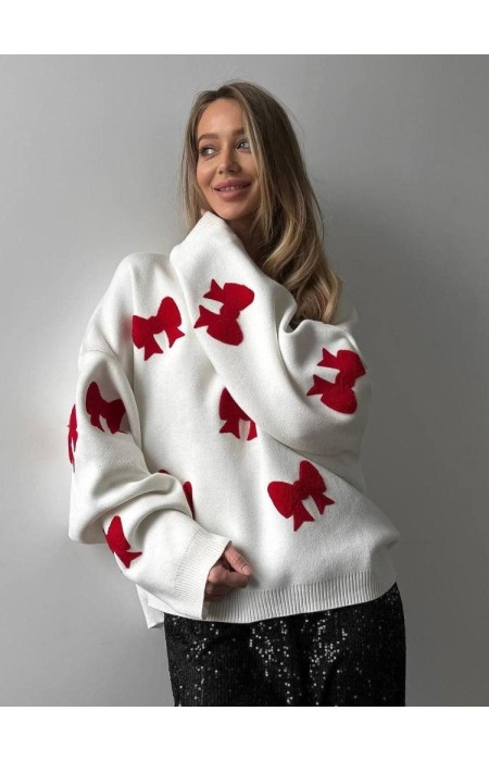 WHITE KNITTED WITH RED BOW - BOWLOVE