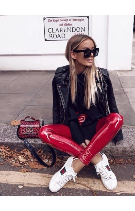 ALONDRA RED VINYL HI WAISTED LEGGINGS