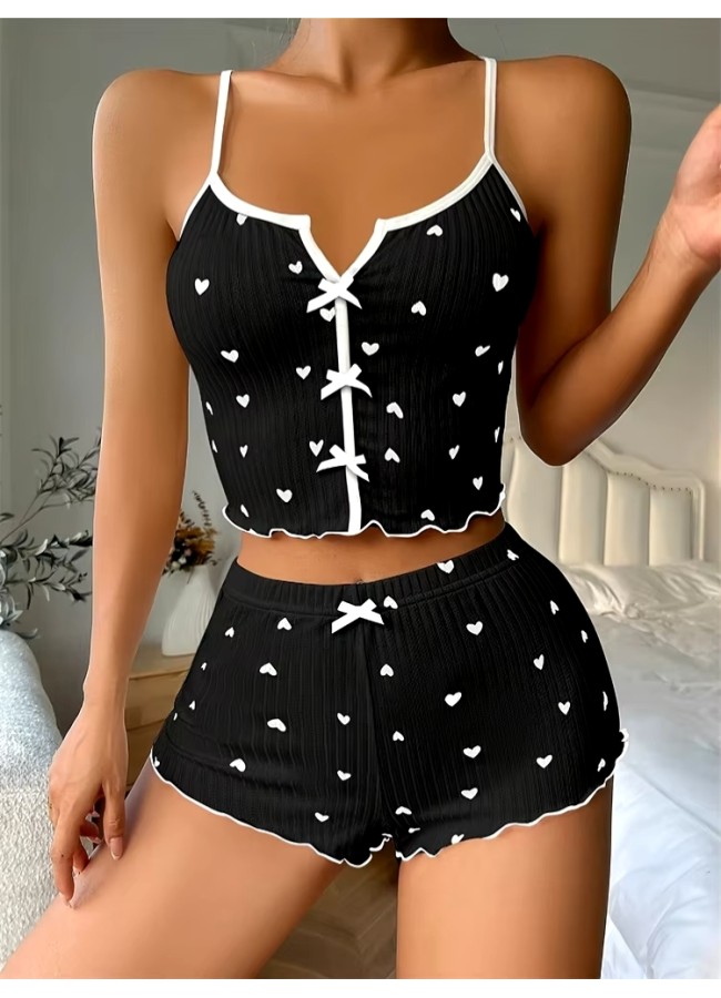 BLACK PYJAMAS SET WITH WHITE HEARTS - ASTRA