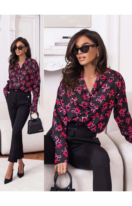 BLACK SATIN SHIRT WITH CHERRIES - KATLIN